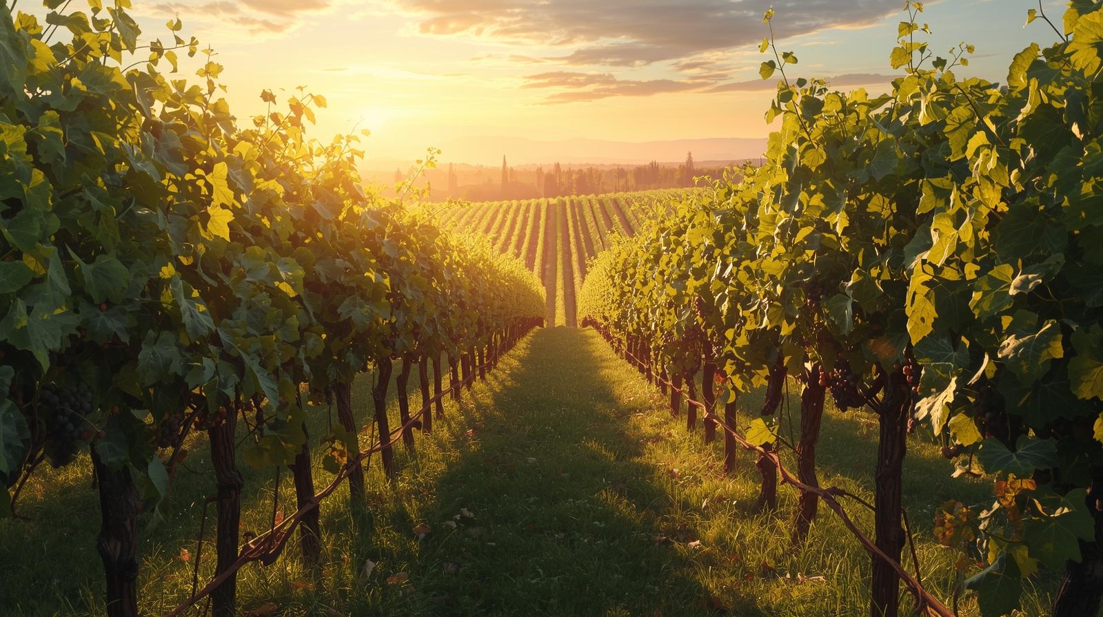 create a image of a vineyard at golden hour create a image of a vineyard at golden hour